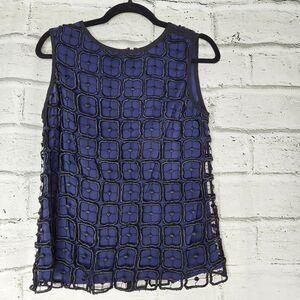 Tory Burch Womens Size 4 Solid Blue 100% Silk Tank Top Black Overlay Polyester